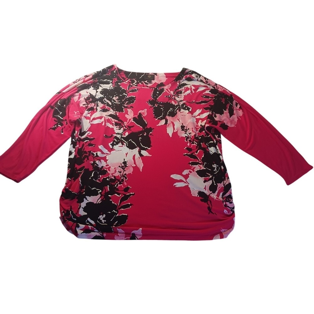 JM Collection Floral Top Womens XXL Plus Size Pink Black Ruched Boho Casual
